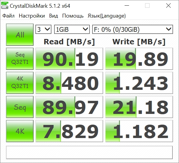 Скорость записи 20 Мб/с, скорость чтения до 90 Мб/с Результаты тестов CrystalDiskMark 5.1.2